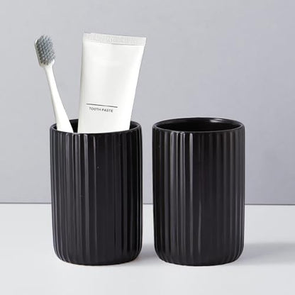 Black Toothbrush Holder, Ceramic Tooth Brush Holder Set, Ribbed Bathroom Cups Tumbler, Reusable Toothbrush Mouthwash Cup, Toothpaste Holder Toothbrush Organizer for Bathroom Counter - color: Ribbed-black