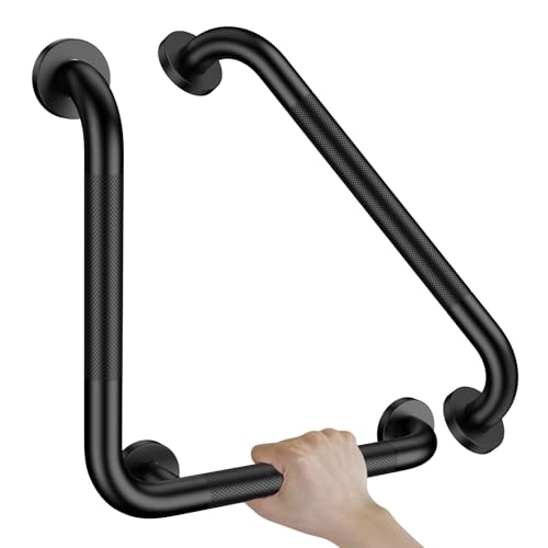 16x16 Inch Black Shower Grab Bars, L-Shaped Handicap Grab Rail | Anti Slip Bathroon Stainless Steel Knurled Safety Handle Support Elderly Injury Senior - color: Black
