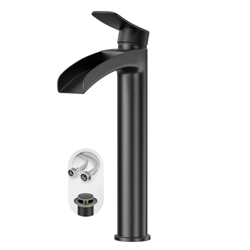 Phiestina Matte Black Tall Bathroom Vessel Sink Faucet, Waterfall Single Hole Single Handle Above Countertop Sink Bathroom Faucet, with Metal Pop Up Drain and Water Supply Lines, NS-SF01-MB-V - color: Matte Black, style: 1 pack