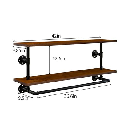 Clothes Rack 42in, Wall Mounted Garment Rack with Real Walnut Wood Shelf, Heavy Duty Hanging Clothes Rack, Multi-Purpose Hanging Rod, Space-Saving Closet Storage - color: Walnut, size: 2T42IN