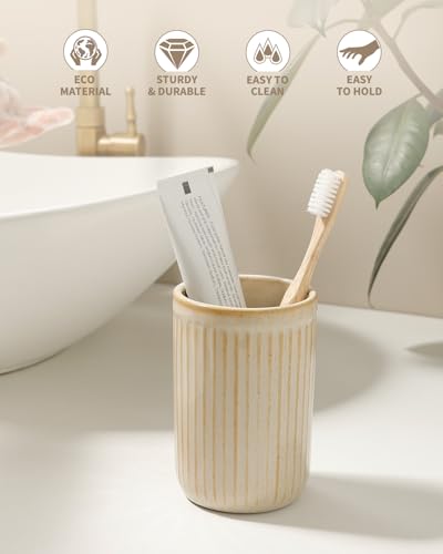BosilunLife Ceramic Toothbrush Holder - 12oz Bathroom Toothbrush Holder Tooth Brush Holders Tumbler Cups Reusable Toothbrush Mouthwash Cup Small Toothbrush and Toothpaste Holder, Striped Greige - color: Greige-vsc, size: striped-cylinder