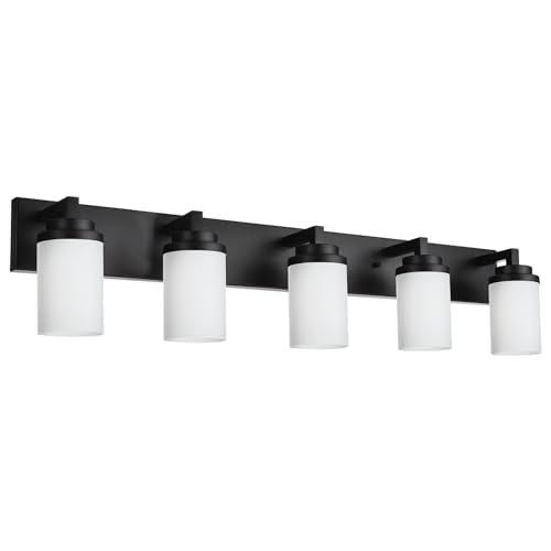 TODOLUZ 5 Light Bathroom Vanity Light Fixtures, 31-Inch Wall Sconce Lighting Over Mirror with Opal White Glass Shade, Modern Wall Mount Lamp for Kitchen - color: Black, size: 5-Lights