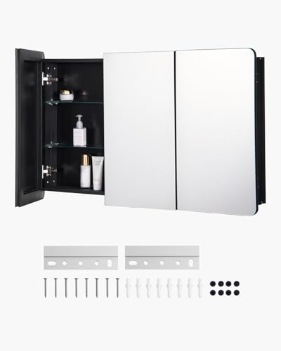 VEVOR Medicine Cabinet, 25.5 x 40 inch, Medicine Cabinet for Bathroom with Mirror, Aluminum Frame Bathroom Wall Cabinet, 4-Layer Adjustable Shelves, Recessed & Wall-Mounted Installation - size: 25.5x40in