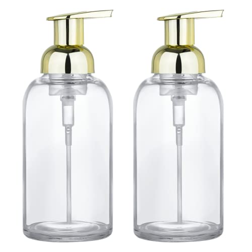 2 Pcs Foaming Soap Dispenser, Thick Glass Jar Soap Dispenser with Gold Foaming Pump, 13 Ounce Round Bottles Dispenser with Foaming Pump