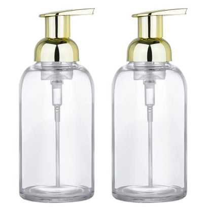 2 Pcs Foaming Soap Dispenser, Thick Glass Jar Soap Dispenser with Gold Foaming Pump, 13 Ounce Round Bottles Dispenser with Foaming Pump