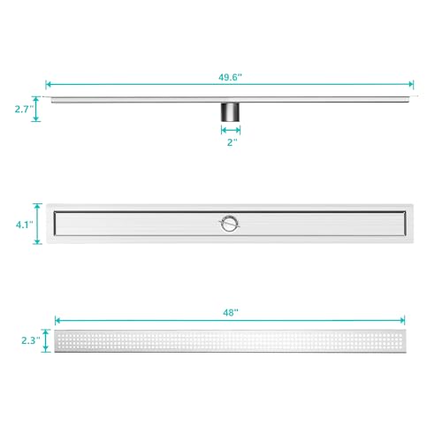 48 inch Linear Shower Drain with Square Hole Pattern Grate Cover | Brushed 304 Stainless Steel Bonding Flange Linear Drain, Low Profile Linear Shower Drain with Hair Strainer - color: 48 in, size: Quadrato Pattern