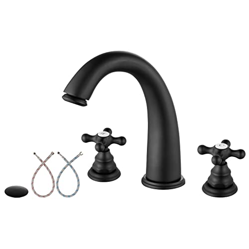 Widespread Bathroom Faucet 3 Hole Sink Faucet 8 Inch Two Cross Handles Solid Brass Deck Mount Pop Up Drain Assembly Included Curved Spout Matte Black - color: Matte Black