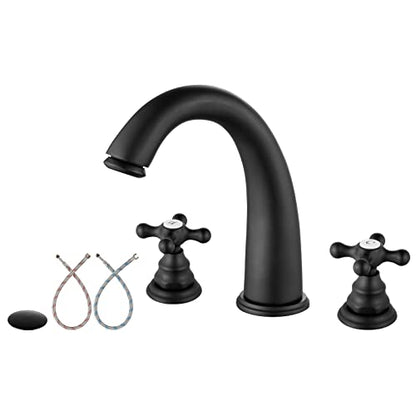 Widespread Bathroom Faucet 3 Hole Sink Faucet 8 Inch Two Cross Handles Solid Brass Deck Mount Pop Up Drain Assembly Included Curved Spout Matte Black - color: Matte Black