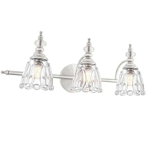 Brushed Nickel Vanity Light, Antique Bathroom Vanity Light Over Mirror, 3 Light Lighting Fixture with Flower Glass Shade, Farmhouse Sconces Wall Lighting for Hallway Living Room Bedroom - color: Nickel, size: 3 light