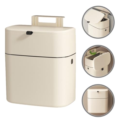 KOMBIUDA 12l Hanging Trash Can with Lid, Wall-Mounted Sealed Garbage Bin for Kitchen and Bathroom, No-Drill Installation, Plastic Waste Container in Light Beige for Home Organization