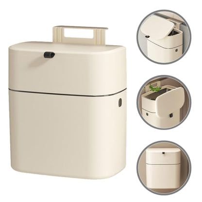 KOMBIUDA 12l Hanging Trash Can with Lid, Wall-Mounted Sealed Garbage Bin for Kitchen and Bathroom, No-Drill Installation, Plastic Waste Container in Light Beige for Home Organization