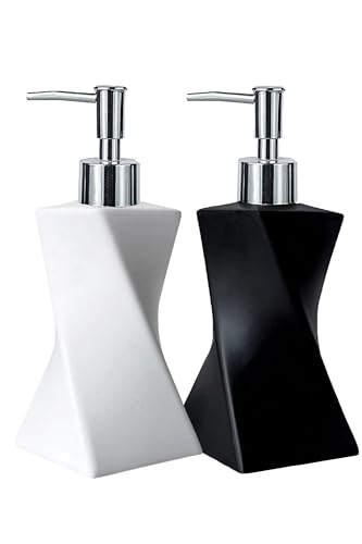 2 Pack Modern White & Black Soap Dispenser Set, Bathroom 8.5oz | Contemporary Art Style, Twisted Geometric Dish Soap Dispenser Set for Bathroom and Kitchen Sink - color: Black & White 2pcs Set