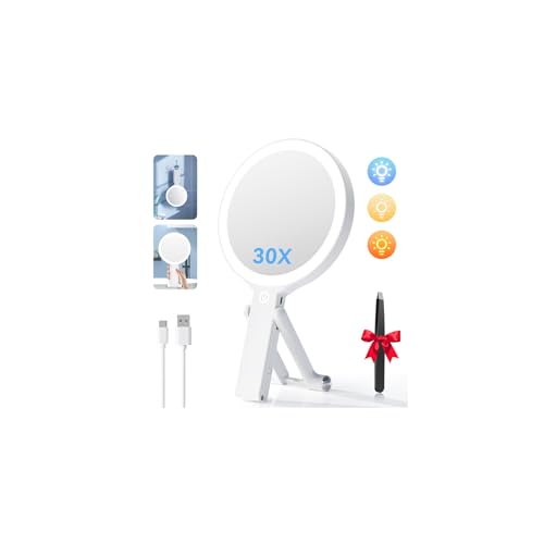 Auxmir 30X/1X Magnifying Travel Makeup Mirror with Lights, 3-Color Dimmable | 56 LEDs, 3 color modes, stepless dimming, dual-side touch control, 2000mAh rechargeable, 3-in-1 tabletop, handheld or hanging
