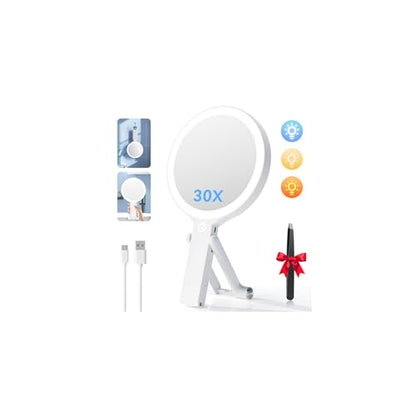 Auxmir 30X/1X Magnifying Travel Makeup Mirror with Lights, 3-Color Dimmable | 56 LEDs, 3 color modes, stepless dimming, dual-side touch control, 2000mAh rechargeable, 3-in-1 tabletop, handheld or hanging