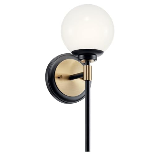 Kichler Benno 1-Light Wall Sconce, Modern Light with Opal Glass in Black and Champagne Bronze, for Bathroom, Powder Room, Kitchen, Bedroom, or Hallway (13.75" x 5.25"), 55170CPZ - color: Black and Bronze, size: 13.75"