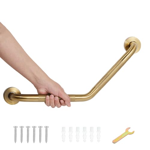 20 Inch Bathroom Grab Bar, Angled Grab Bar with Anti-Slip Knurled Grip, Brushed Gold Stainless Steel Bath Balance Bar, Safety Hand Rail Support, Handicap Elderly Senior Assist Bath Handle - color: Brushed Gold