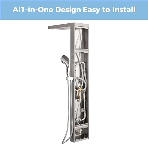 DELAVIN Stainless Steel Shower Tower, 5-Function Shower Panel Tower System | with Rainfall Waterfall Shower Head, Massage Body Jets, Tub Spout, Handheld Shower, Designed for Hotels, Gyms, Spas - style: 8 Body Jets