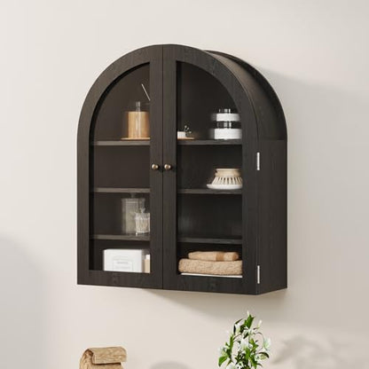 Garvee Arched Bathroom Wall Cabinet with Acrylic Double Doors, 24" Farmhouse Medicine Cabinet with Adjustable Shelf, Wall-Mounted Wood Storage Cabinet Over The Toilet for Bathroom, Kitchen, Black - color: Black