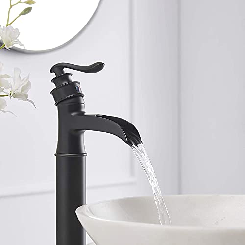 Vessel Sink Faucet Black Waterfall Bathroom Faucets Single Hole | with Pop Up Drain Stopper and Supply Lines,Drip-free Ceramic Cartridge, Farmhouse Vanity Bowl Sink Faucet,Lead-Free Brass - color: Black