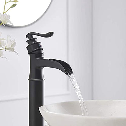 Vessel Sink Faucet Black Waterfall Bathroom Faucets Single Hole | with Pop Up Drain Stopper and Supply Lines,Drip-free Ceramic Cartridge, Farmhouse Vanity Bowl Sink Faucet,Lead-Free Brass - color: Black