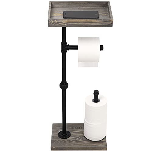 MyGift Freestanding Toilet Paper Holder Stand with Rustic Wood Shelf | Bathroom Tissue Dispenser Rack, Floor Standing Metal Wire Basket, Farmhouse Lavatory Spare Roll Storage Caddy Container
