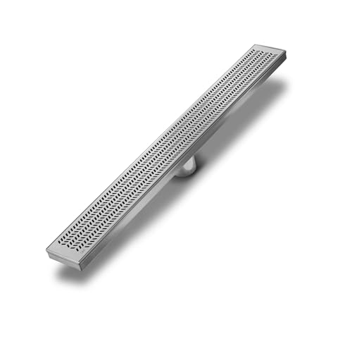QM Linear Shower Drain, Base and Grate Made of 100% Stainless Steel Marine 316, Delmar Series Nami Line, 28", Satin Finish, Kit includes: Flange adaptor with gasket, Hair Strainer, Key, Leveling feet. - size: 28