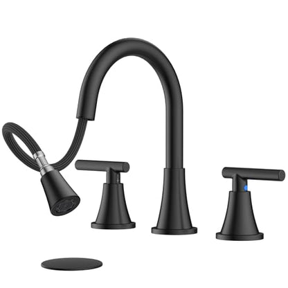 8 Inch Pull Out Sprayer Bathroom Faucet 3 Hole, Widespread 2 Handle Sink Faucet with Pop Up Drain and Supply Lines, Stainless Steel for Vanity, RV, Matte Black - color: Matte Black, size: 8 IN
