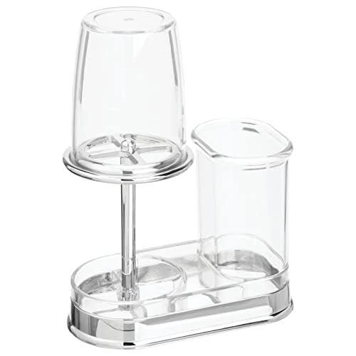 mDesign Plastic Toothpaste and Toothbrush Holder Center with Cup/Cover - Organizer for Bathroom Vanity Countertop - Holds Paste, Floss, Accessories - Hyde Collection - Clear - color: Clear
