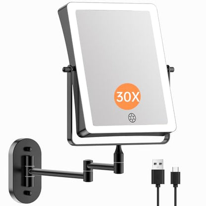 FASCINATE 8.7" 5000mAh Rechargeable Wall Mounted Makeup Mirror (Black) | Double Sided Touch Switch 1X 30X Rectangle Magnifying Mirror with Light, 3 Color Setting, Extended Arm 360° Swivel Foldable - color: Black a