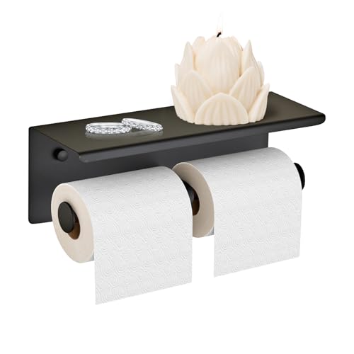Black Double Paper Holder with Shelf, Toilet Roll Holder for Bathroom | Wall Mounted SUS 304 Stainless Steel Toilet Tissue Holder YIGUANXIN - color: Black