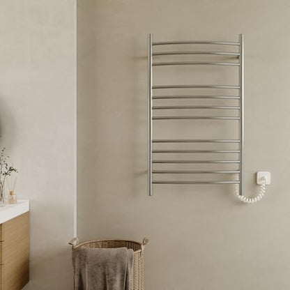 12-Bar Curved Towel Warmer, Heated Towel Rack with Timer, Brushed | 12 Curved Heating Bars, Timer And Temperature Control, 160W Power, Wall-Mounted Design, Plug-In Or Hardwired Installation - color: Brushed