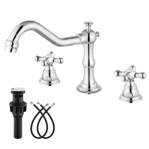 gotonovo Bathroom Faucet 3 Hole 8 Inch Widespread Bathroom Sink Faucet 2 Cross Handles Vintage Lavatory Vanity Mixer Tap with Pop Up Drain, HOT Cold Label, Polish Chrome - color: Polish Chrome, style: HOT COLD Label