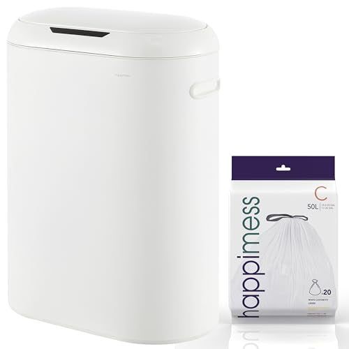 happimess 13.2 Gal Oval Motion Sensor Trash Can, Cotton White | Oval, Motion Sensor, Touch Mode, Soft Close Lid, Powder Coated Iron, 17.7" W x 9.84" D x 24.2" H - color: Cotton White
