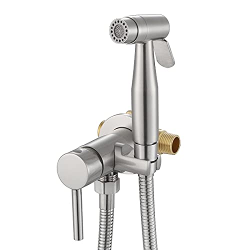 Handheld Bidet Sprayer for Toilet Warm Water Brushed Nickel | Wall Mount Stainless Steel Bidet Hand Held Sprayer with Brass Hot and Cold Mixing Valve, 47 Inches Anti-leaking Bidet Hose - color: Brushed Nickel