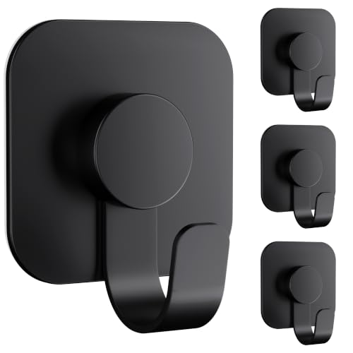 Aikzik 4 Pack Large Heavy Duty Wall Hooks - 26lb Max, Stainless Steel Adhesive Towel Hooks for Hanging Towel, Coat, Robe, Sticky Towel Holder for Wall Mount in Bathroom, Kitchen, Shower, Door - Black - color: Black