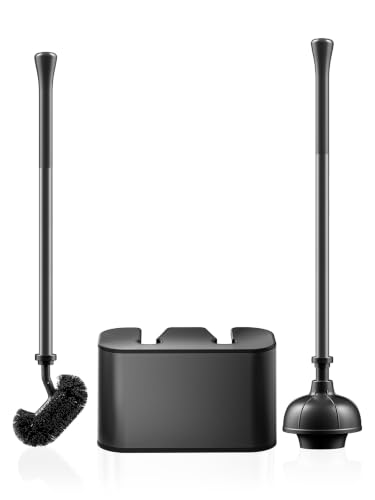 HAMITOR Toilet Bowl Brush and Plunger Set: 2-in-1 Hidden Holder Design | Deep Cleaning Curved Bristles, Stainless Steel, 22'' Long Handles, Modern Apartment Bathroom Accessories, Black, 1-Pack