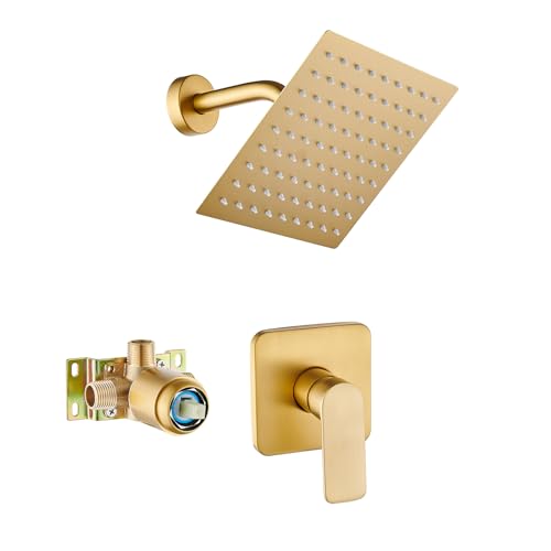 Brushed Gold Shower Faucet Single Function Trim Kit with Rough-in Valve Set Bath Rainfall Shower System 8inch Square Stainless Steel Metal Shower Head - color: Brushed Gold