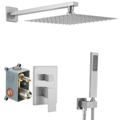 Brushed Nickel Shower System 10 Inch Bathroom Luxury Rain Mixer Shower Combo Set Wall Mounted Rainfall Shower Head and Handheld System Shower Faucet Rough-in Valve Body and Trim Kit - color: Brushed Nickel, size: 10 Inch