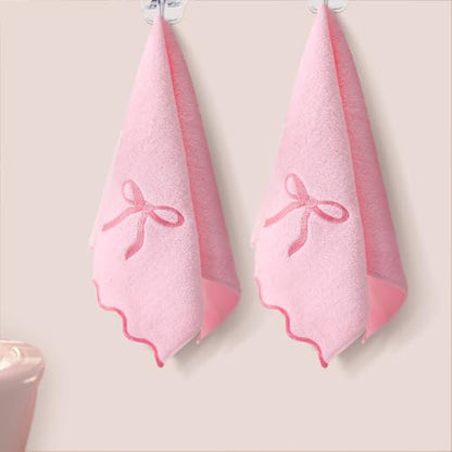 SmoothNovelty 2 Pcs Scalloped Pink Bow Fingertip Towels for Bathroom 12 x 18 Inch Small Fingertip Towels with Embroidery Coquette Bow 100% Cotton Soft Absorbent Guest and Housewarming Gift
