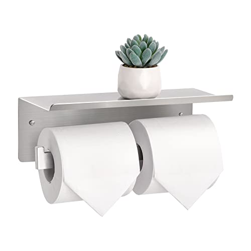 Double Toilet Paper Holder with Shelf,Idealmax Toilet Paper Holder Brushed Nickel,Large Commercial Toilet Paper Dispenser Phone Shelf, Wall Mounted Tissue Roll for Bathroom, Stainless Steel