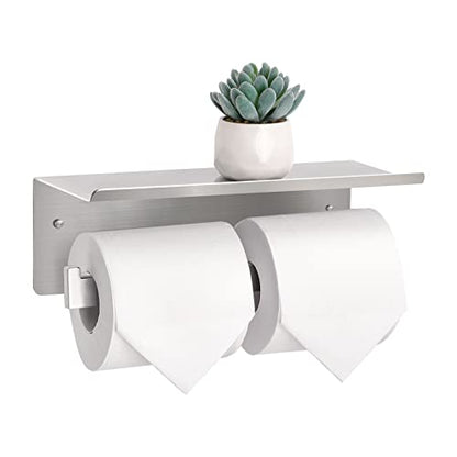 Double Toilet Paper Holder with Shelf,Idealmax Toilet Paper Holder Brushed Nickel,Large Commercial Toilet Paper Dispenser Phone Shelf, Wall Mounted Tissue Roll for Bathroom, Stainless Steel