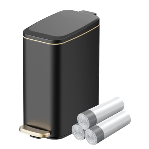 KUK Slim Bathroom Trash Can with Lid, 1.6 Gal / 6L Stainless Steel Small Garbage Bin with Detachable Inner Bucket, Step Pedal, Silent Close, Wastebasket for Toilet, Bedroom, Home, Office (Black) - color: Matt Black