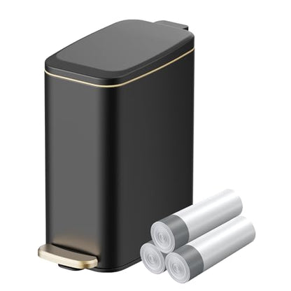 KUK Slim Bathroom Trash Can with Lid, 1.6 Gal / 6L Stainless Steel Small Garbage Bin with Detachable Inner Bucket, Step Pedal, Silent Close, Wastebasket for Toilet, Bedroom, Home, Office (Black) - color: Matt Black