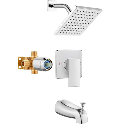 Heyalan 8-Inch Shower Faucet Set with Tub Spout and Valve, Polished Chrome | 8-inch square rainfall head, tub spout with diverter, male-thread rough-in valve, single-handle control and wall-mount design - color: Polished Chrome, size: 8 Inch Square Shower