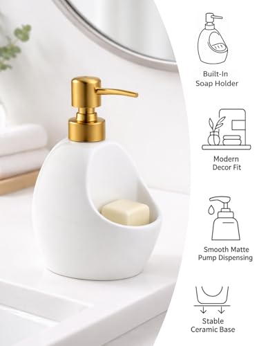 Ceramic Soap Dispenser with Sponge Holder – White Refillable Dish Soap Dispenser for Kitchen Sink, 2-in-1 Sink Organizer with Pump Bottle & Tray – Modern Farmhouse Countertop Accessory - color: White