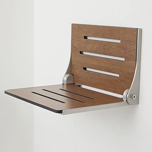 Seachrome Silhouette Folding Wall Mount Shower Bench Seat, Rustic Teak Seat with Silver Frame (SHAF-185155-PRTS-S-SL) - color: Rustic Teak Seat With Silver Frame