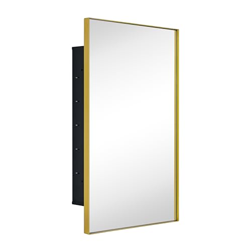 TEHOME Recessed Mount 16x26'' Squared Rectangle Brushed Gold Bathroom Medicine Cabinet with Mirror Gold Metal Framed Rectanglular Medicine Cabinet 2 Adjustable Glass Shelves - color: Brushed Gold