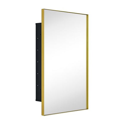 TEHOME Recessed Mount 16x26'' Squared Rectangle Brushed Gold Bathroom Medicine Cabinet with Mirror Gold Metal Framed Rectanglular Medicine Cabinet 2 Adjustable Glass Shelves - color: Brushed Gold