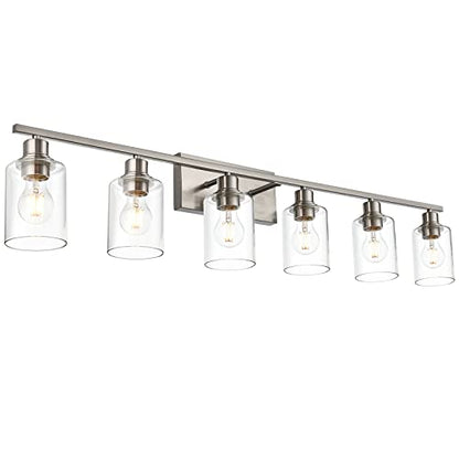 6 Light Bathroom Lighting Fixture in Brushed Nickel Finish,Classic Metal Wall Mounted Lamp Over Mirror with Clear Glass Shade Industrial Vanity Light - color: Brushed Nickel, size: 6 Light