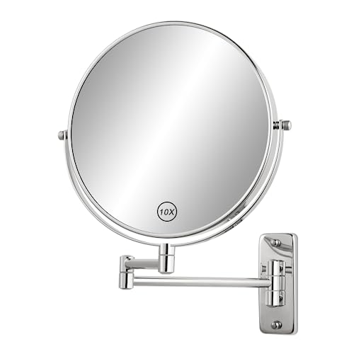 8” Wall Mounted Makeup Mirror - 1X/10X Double Sided Magnifying Bathroom Mirror, 360° Swivel Extendable Vanity Shaving Mirror with Adjustable Arm for Bathroom, Chrome（No Light） - color: Chrome, size: 12.5"L x 17"W